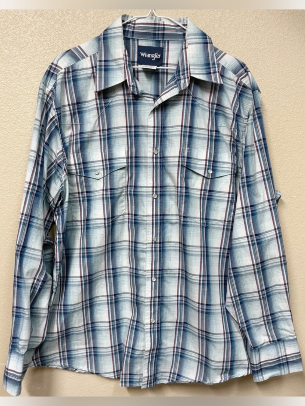 Wrangler Men Plaid Pearl Snap Western Shirt Blue Gray size Xlarge